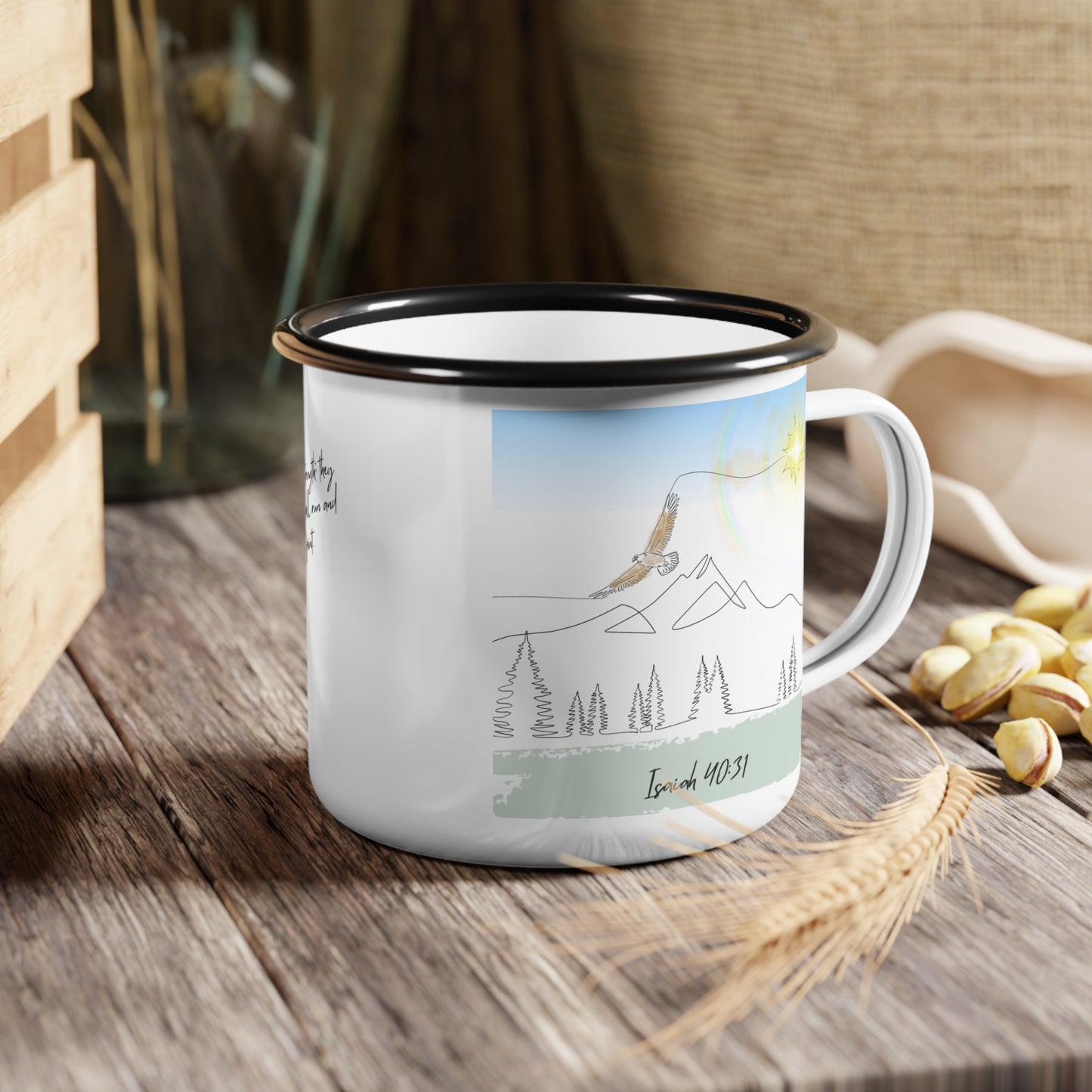 Wings like Eagles Enamel Camp Cup - "Jesus, Coffee, and Me" - Perfect for Faith Lovers