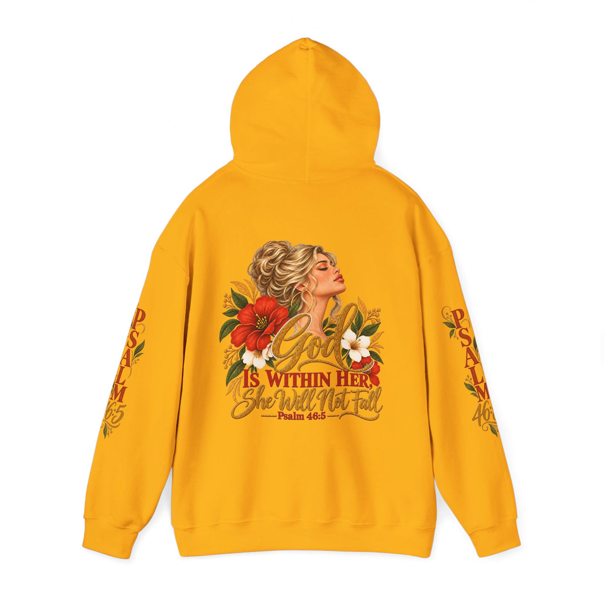 Blonde Woman Psalm 46:5 'She Will Not Fall' Hoodie – Floral Faith Women’s Pullover