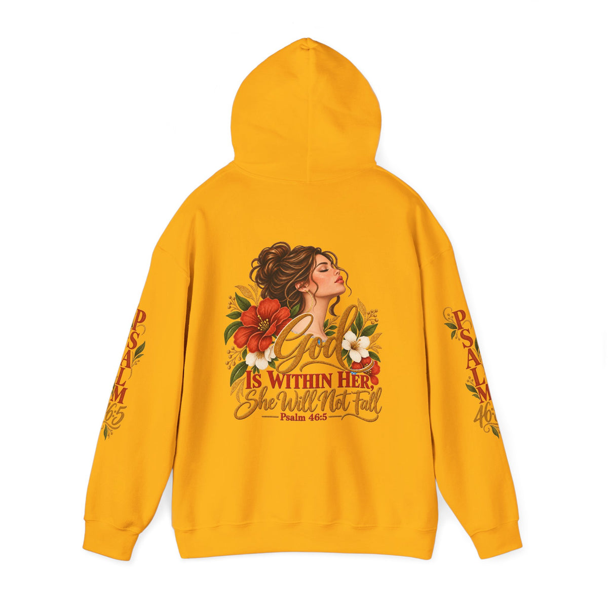 Brunette Woman Psalm 46:5 'She Will Not Fall' Hoodie – Floral Faith Women’s Pullover