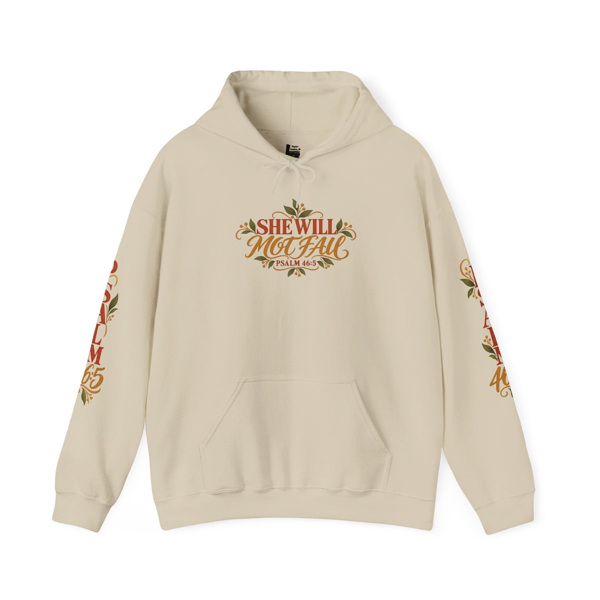 Brunette Woman Psalm 46:5 'She Will Not Fall' Hoodie – Floral Faith Women’s Pullover