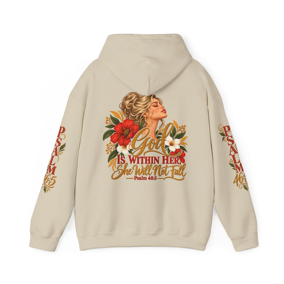 Blonde Woman Psalm 46:5 'She Will Not Fall' Hoodie – Floral Faith Women’s Pullover