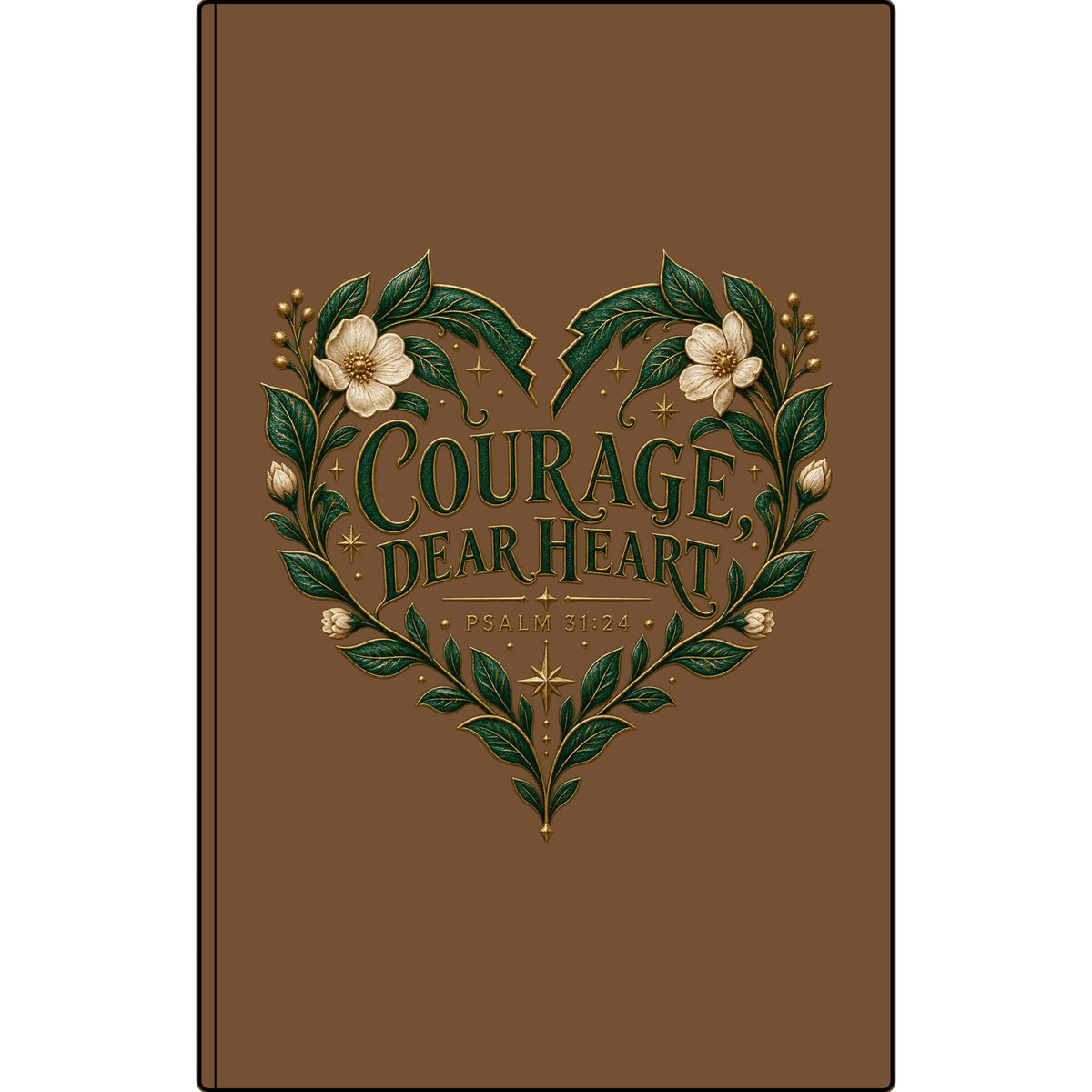 Engraved Vegan Leather Journal — "Courage Dear Heart" Floral Heart Psalm 31:24
