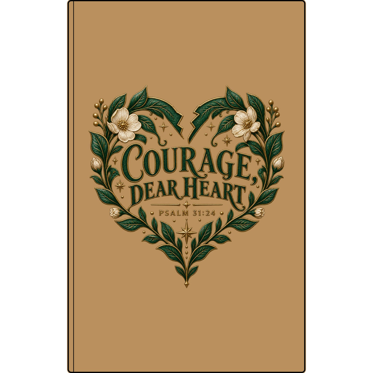 Engraved Vegan Leather Journal — "Courage Dear Heart" Floral Heart Psalm 31:24