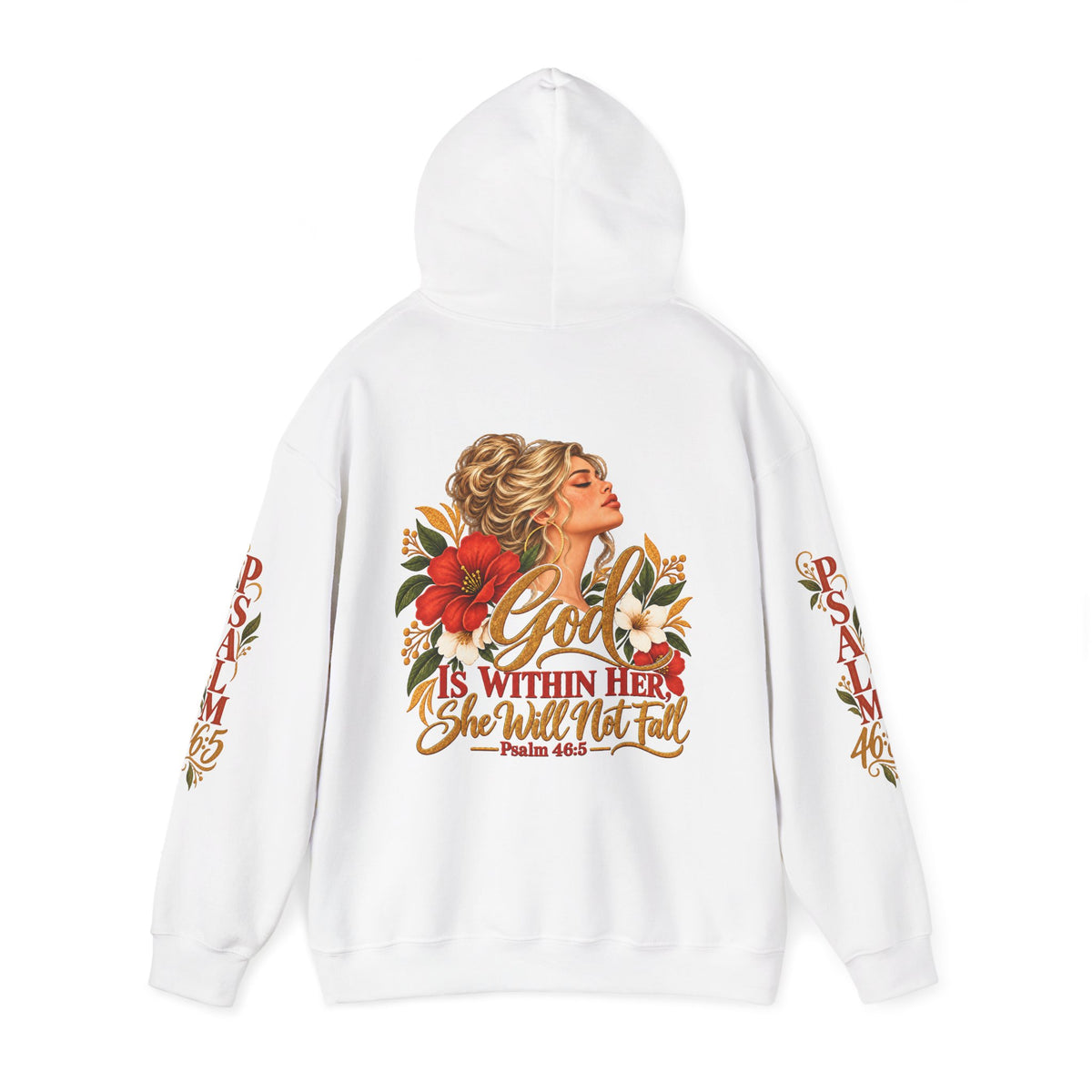 Blonde Woman Psalm 46:5 'She Will Not Fall' Hoodie – Floral Faith Women’s Pullover