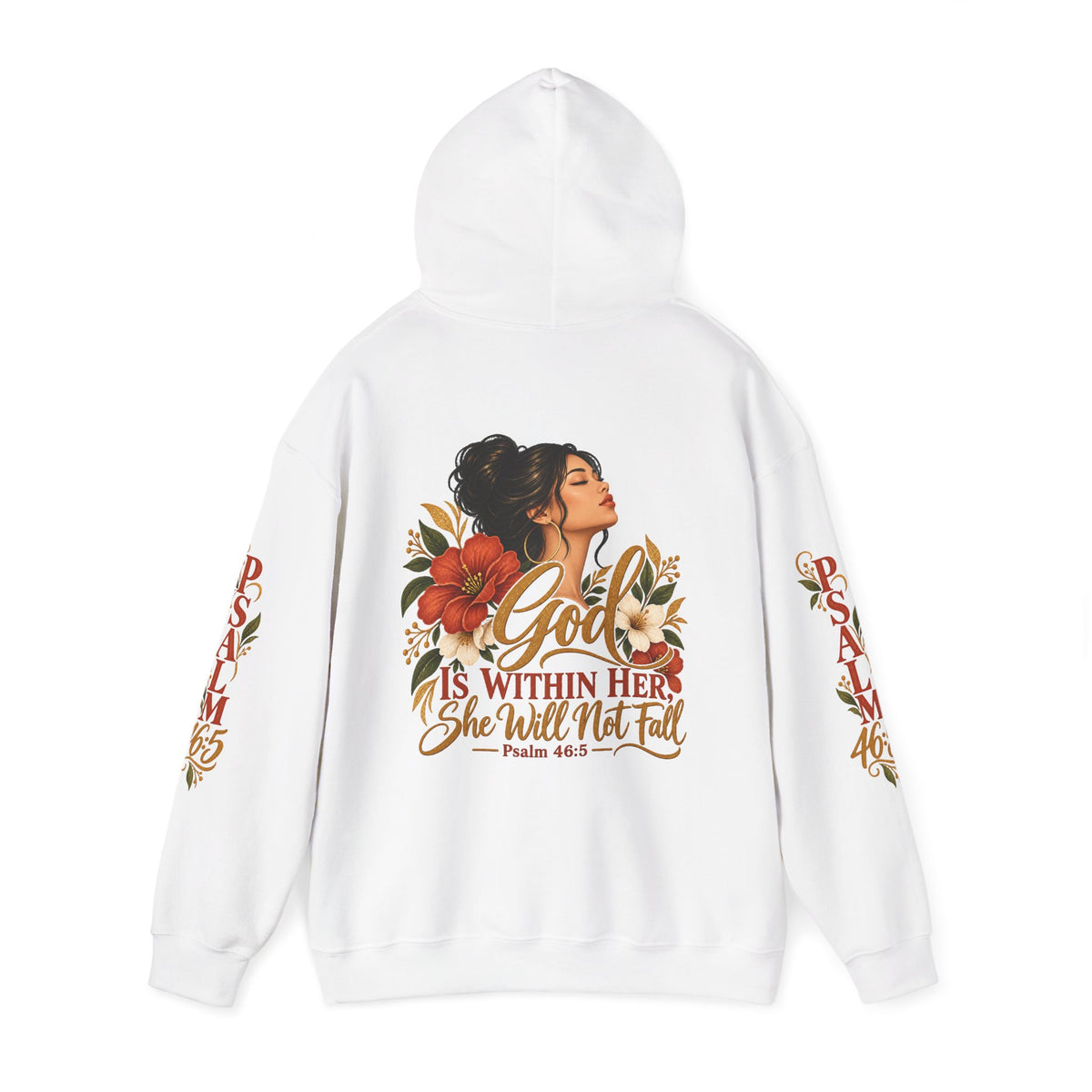 Copy of Brunette Woman Psalm 46:5 'She Will Not Fall' Hoodie – Floral Faith Women’s Pullover