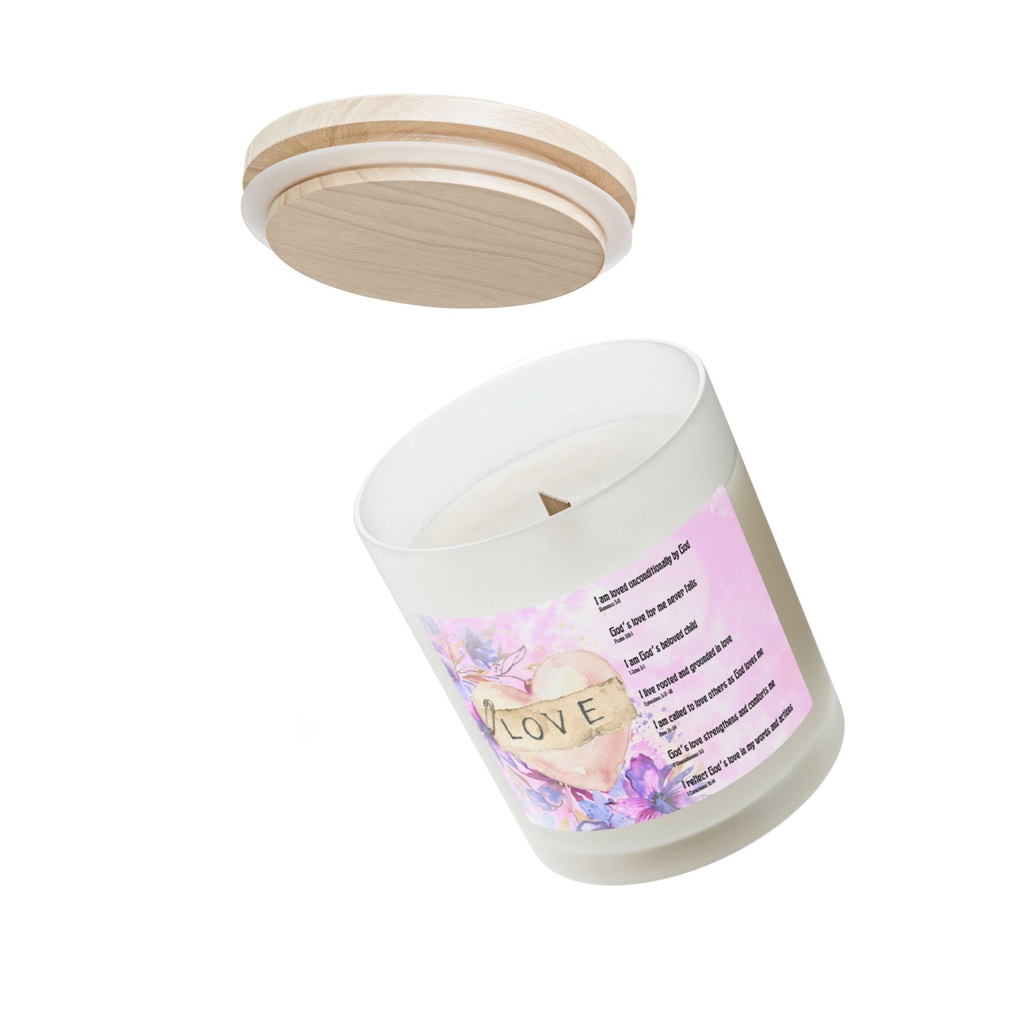 Love Affirmation with Scripture References Cinnamon Chai Candle — Frosted Glass 11oz (Biblical Affirmations, Watercolor Flowers)