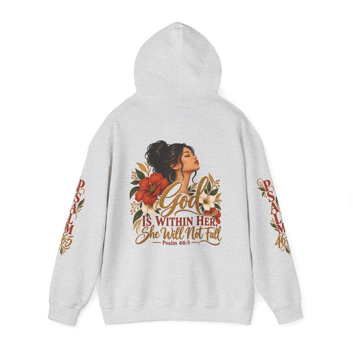 Copy of Brunette Woman Psalm 46:5 'She Will Not Fall' Hoodie – Floral Faith Women’s Pullover