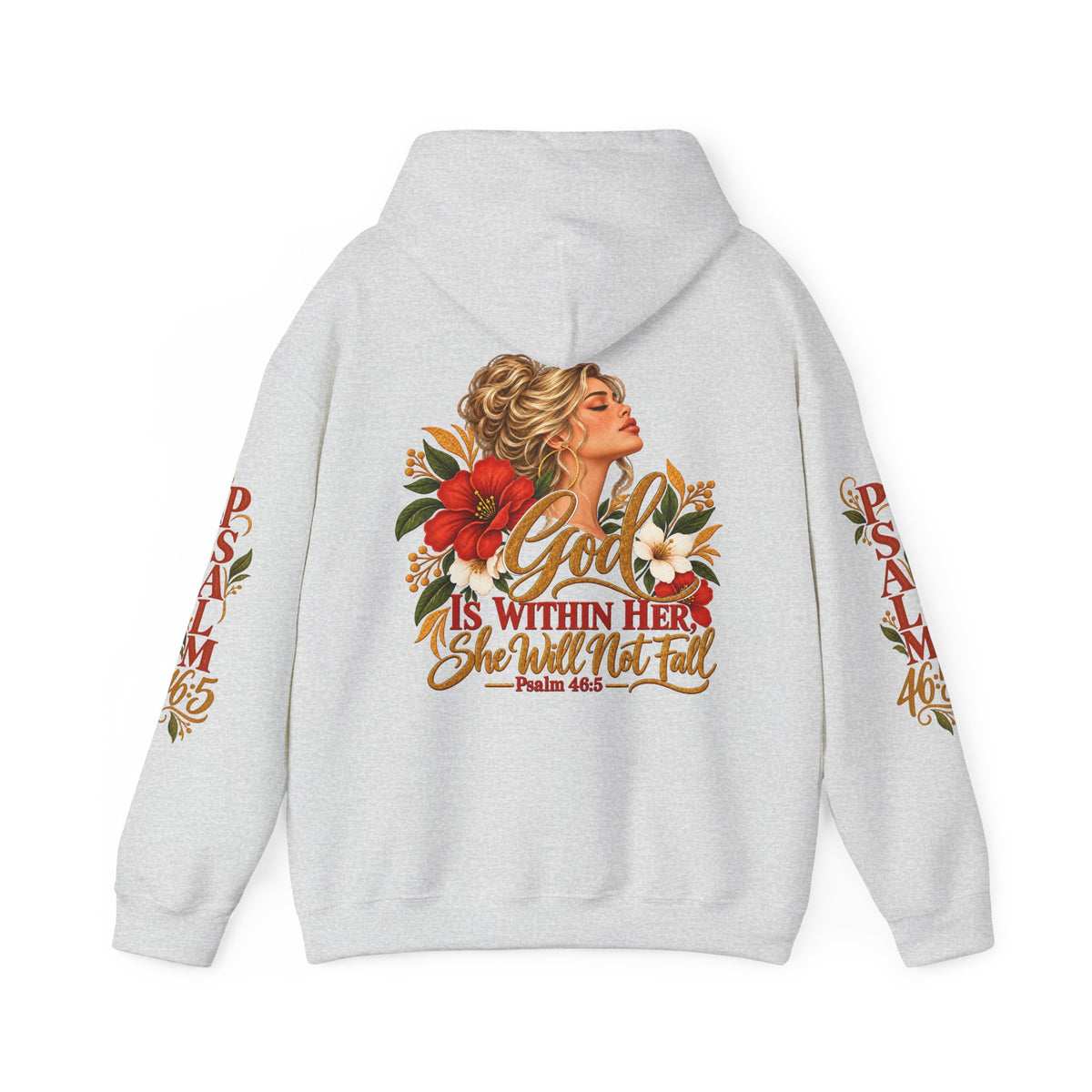 Blonde Woman Psalm 46:5 'She Will Not Fall' Hoodie – Floral Faith Women’s Pullover