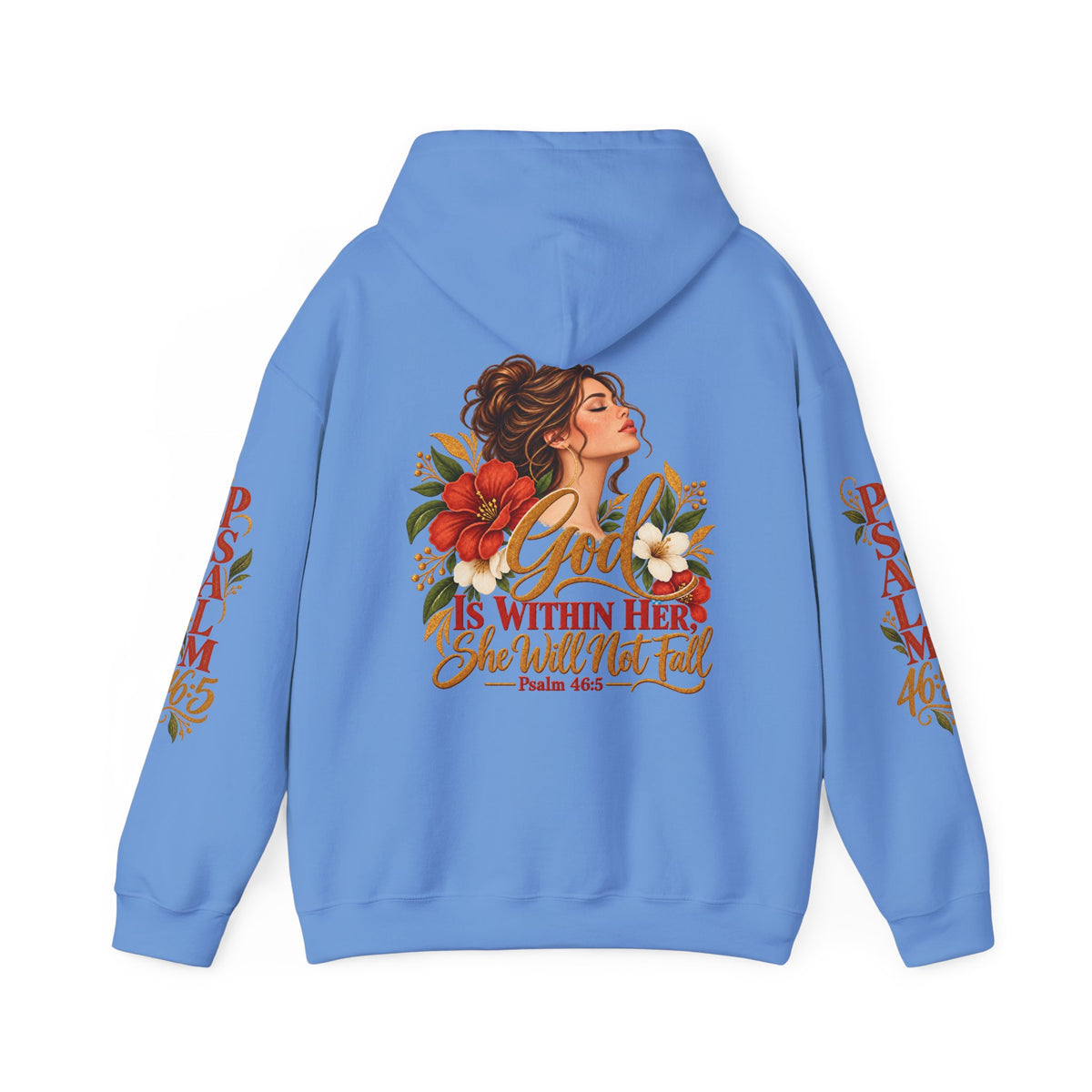 Brunette Woman Psalm 46:5 'She Will Not Fall' Hoodie – Floral Faith Women’s Pullover