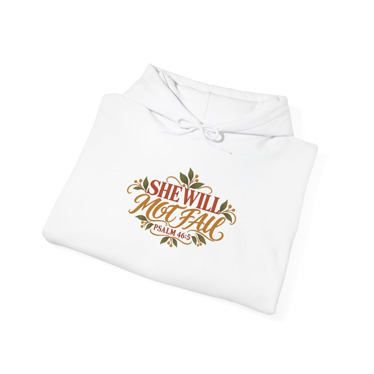 Brunette Woman Psalm 46:5 'She Will Not Fall' Hoodie – Floral Faith Women’s Pullover