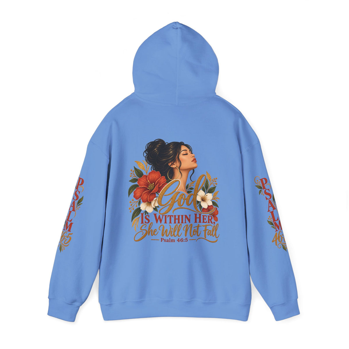 Copy of Brunette Woman Psalm 46:5 'She Will Not Fall' Hoodie – Floral Faith Women’s Pullover