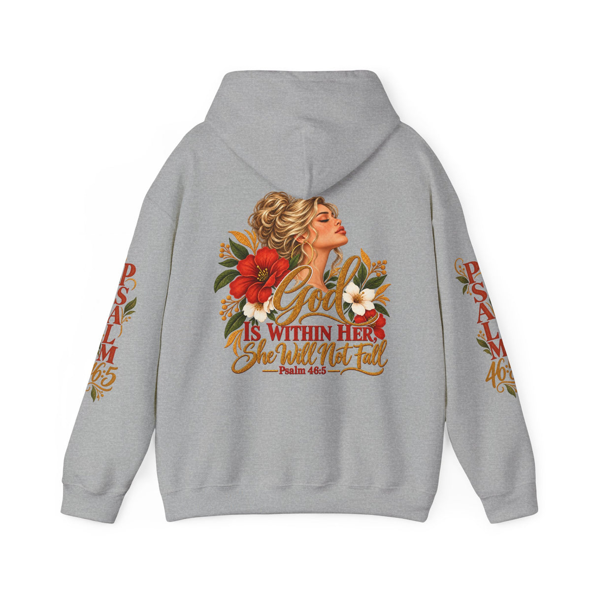 Blonde Woman Psalm 46:5 'She Will Not Fall' Hoodie – Floral Faith Women’s Pullover