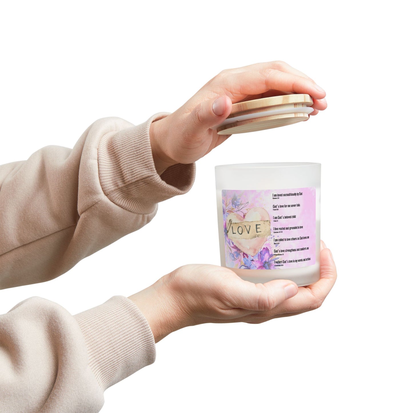 Love Affirmation with Scripture References Cinnamon Chai Candle — Frosted Glass 11oz (Biblical Affirmations, Watercolor Flowers)