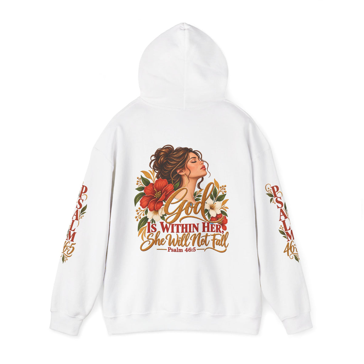 Brunette Woman Psalm 46:5 'She Will Not Fall' Hoodie – Floral Faith Women’s Pullover