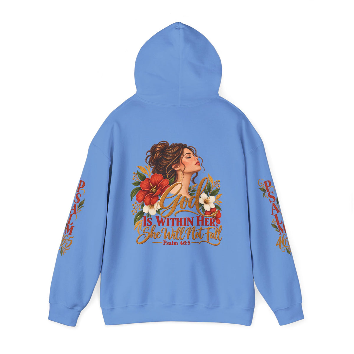 Brunette Woman Psalm 46:5 'She Will Not Fall' Hoodie – Floral Faith Women’s Pullover