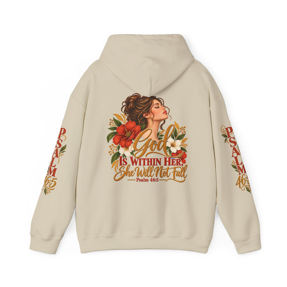 Brunette Woman Psalm 46:5 'She Will Not Fall' Hoodie – Floral Faith Women’s Pullover